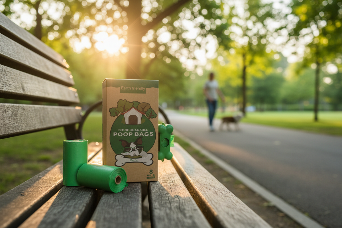 Pet waste poop bags with dispenser in outdoor scene